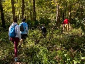Environmental Science Students hike through the woods