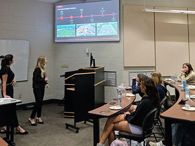 Students presenting in class using projector.
