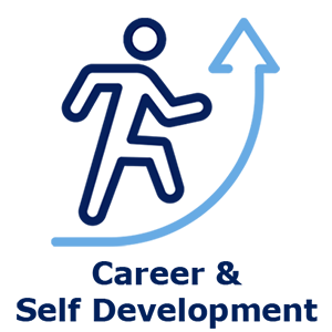 Icon of man stepping up with arrow pointing up with text Career & Self Development