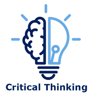 Icon of lightbulb divided in half with brain on one side with text Critical Thinking.