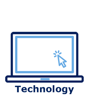 Icon of latop with arrow pointing to the screen with text Technology.