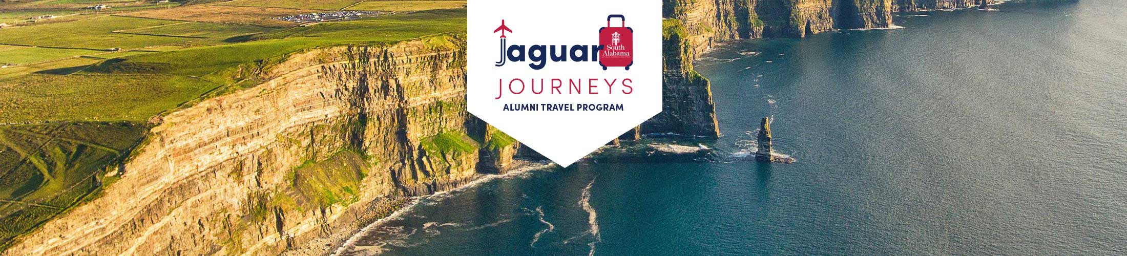 Ireland cliffs and sea with text Jaguar Journeys Alumni Travel Program.