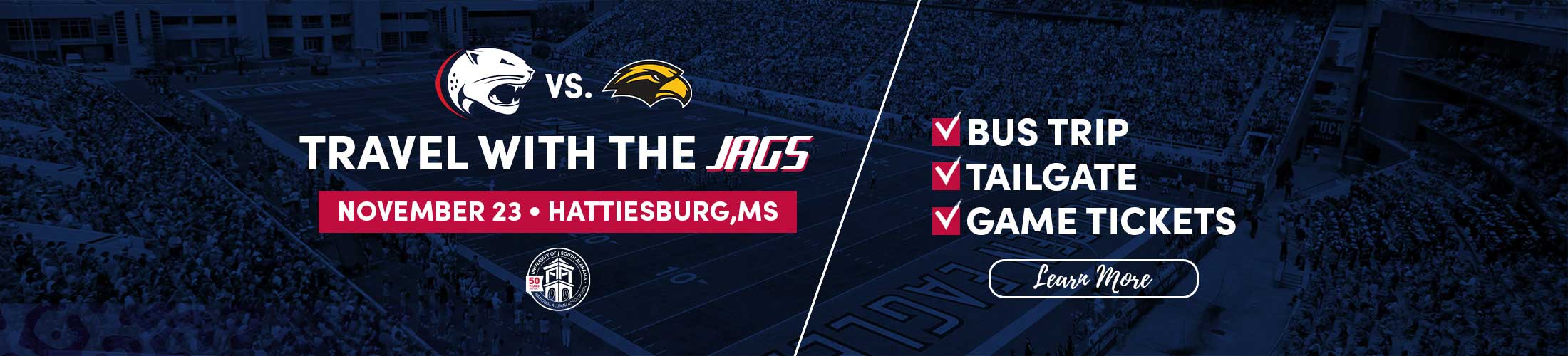 Travel with the JAGS November 23 Hattiesburg, MS Bus Trip, Tailgate, Game Tickets