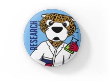 Research button with Southpaw in his white coat.