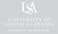 USA White Logo with the words University of South Alabama Flagship of the Gulf Coast stacked underneath letters